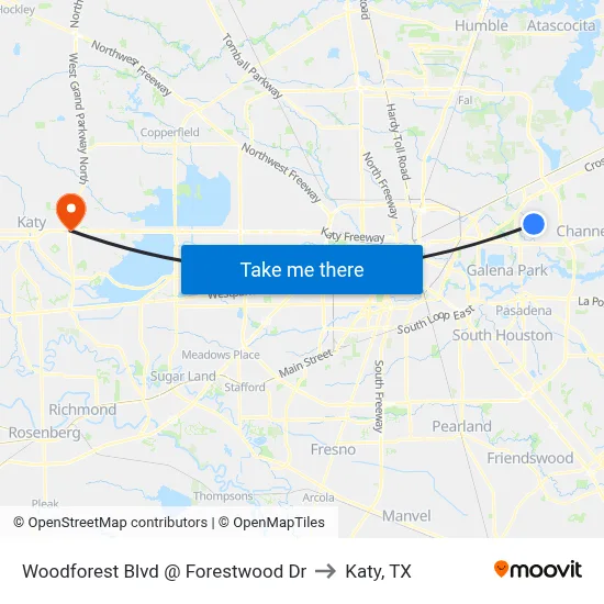 Woodforest Blvd @ Forestwood Dr to Katy, TX map