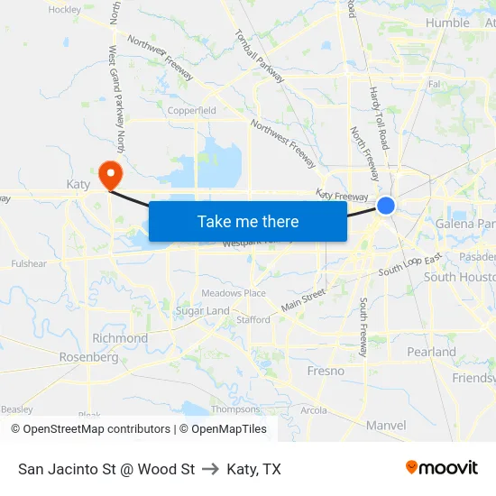 San Jacinto St @ Wood St to Katy, TX map