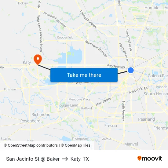 San Jacinto St @ Baker to Katy, TX map