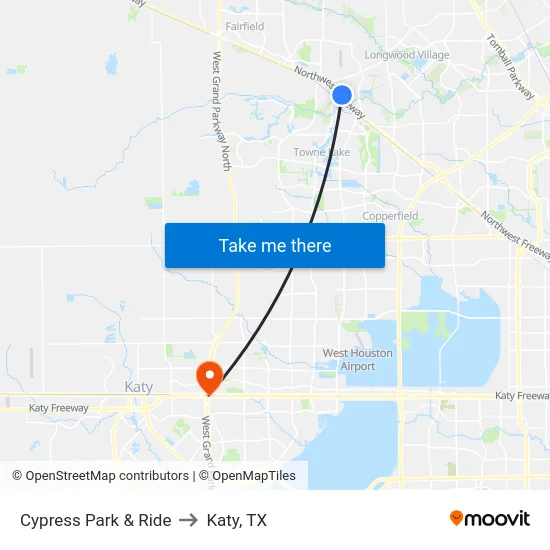 Cypress Park & Ride to Katy, TX map