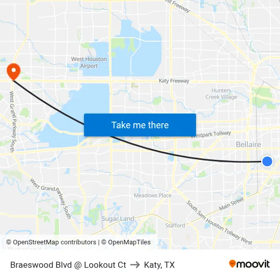 Braeswood Blvd @ Lookout Ct to Katy, TX map