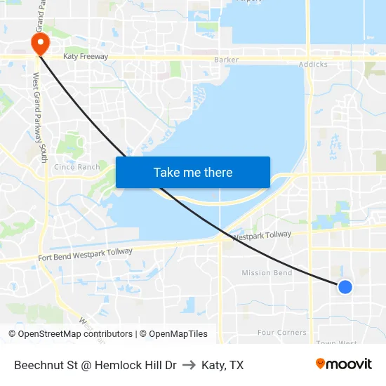 Beechnut St @ Hemlock Hill Dr to Katy, TX map