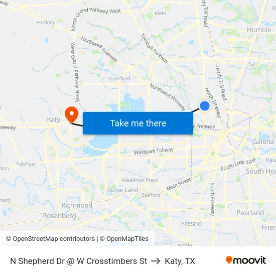 N Shepherd Dr @ W Crosstimbers St to Katy, TX map