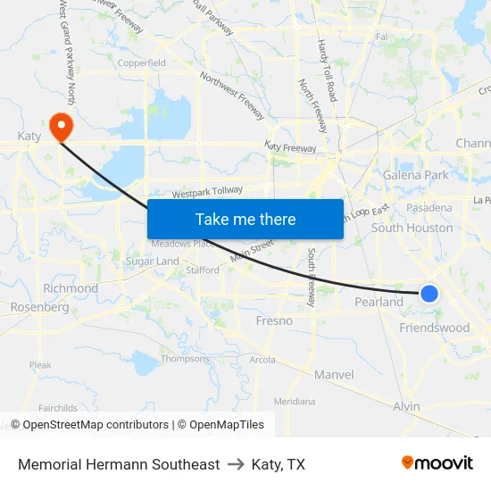 Memorial Hermann Southeast to Katy, TX map