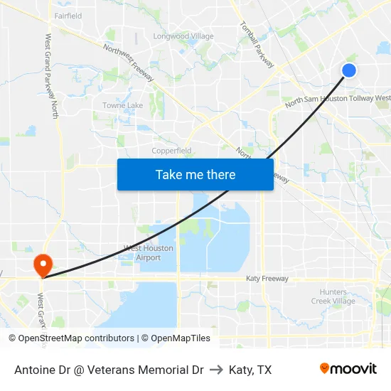 Antoine Dr @ Veterans Memorial Dr to Katy, TX map