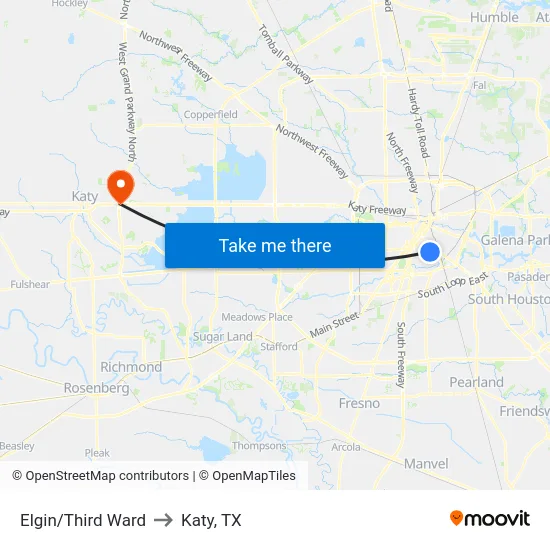 Elgin/Third Ward to Katy, TX map