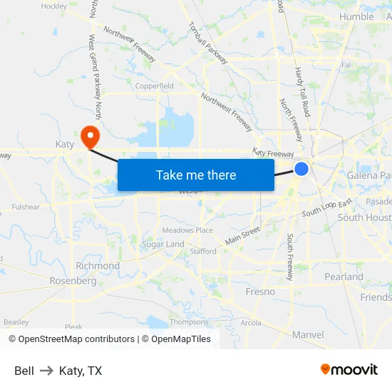 Bell to Katy, TX map