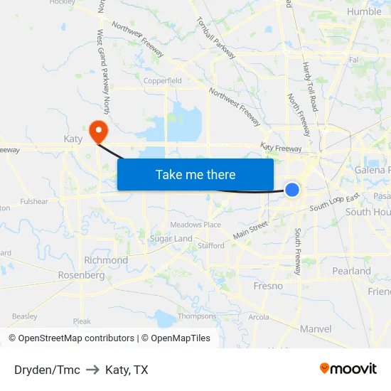 Dryden/Tmc to Katy, TX map