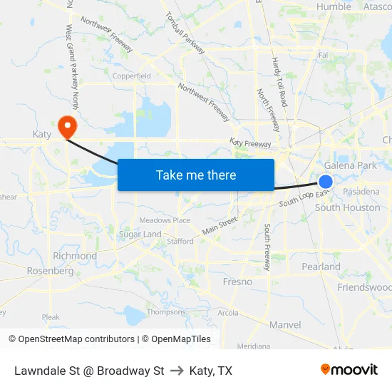 Lawndale St @ Broadway St to Katy, TX map