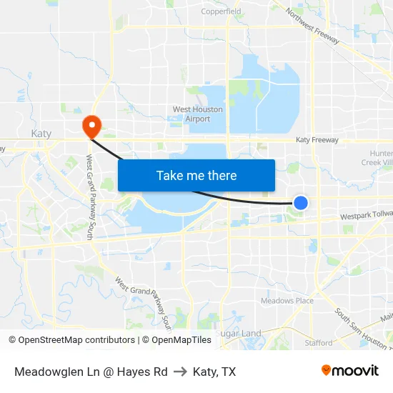 Meadowglen Ln @ Hayes Rd to Katy, TX map