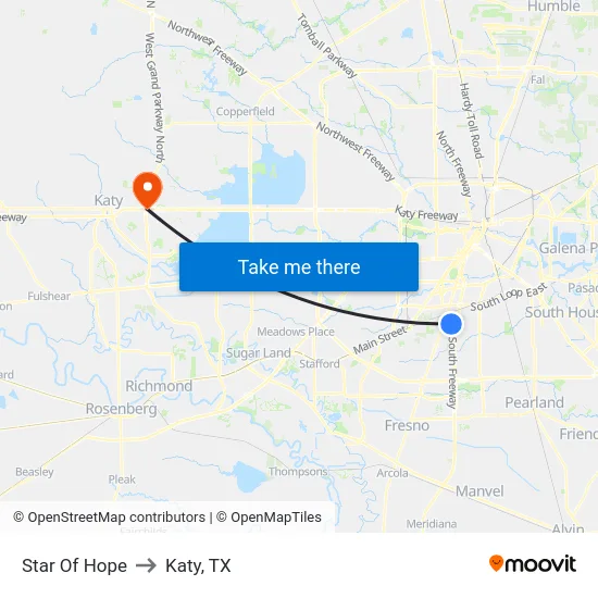 Star Of Hope to Katy, TX map