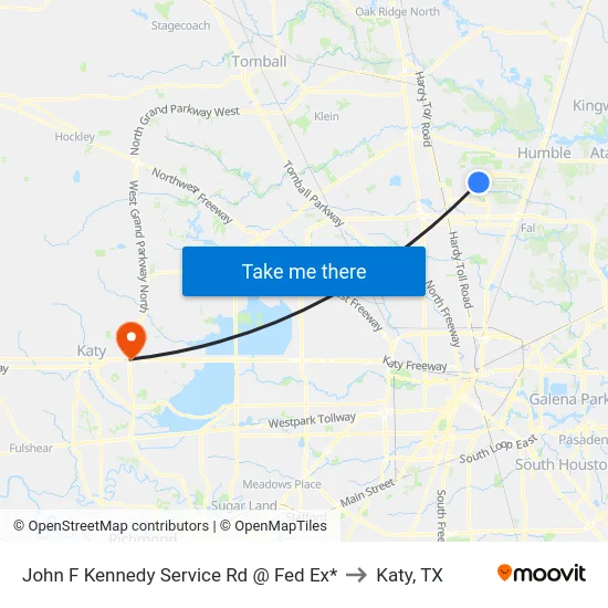 John F Kennedy Service Rd @ Fed Ex* to Katy, TX map