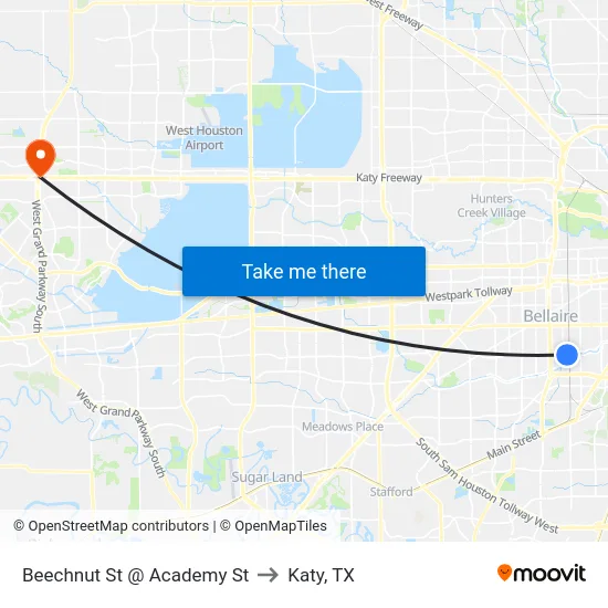 Beechnut St @ Academy St to Katy, TX map