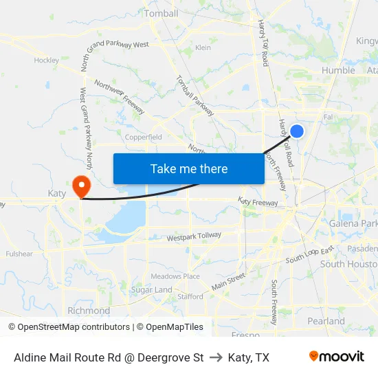 Aldine Mail Route Rd @ Deergrove St to Katy, TX map