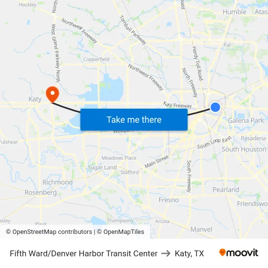 Fifth Ward/Denver Harbor Transit Center to Katy, TX map