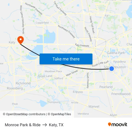 Monroe Park & Ride to Katy, TX map