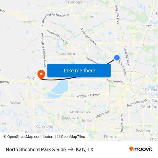 North Shepherd Park & Ride to Katy, TX map