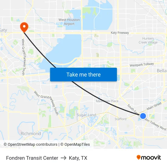 Fondren Transit Center to Katy, TX map