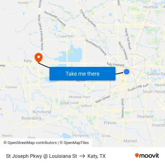 St Joseph Pkwy @ Louisiana St to Katy, TX map