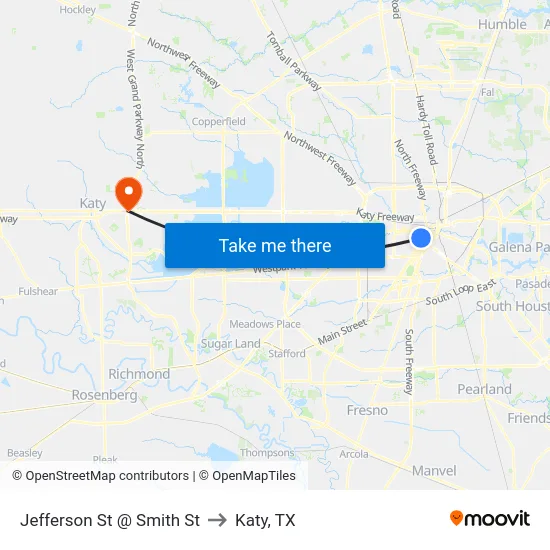 Jefferson St @ Smith St to Katy, TX map