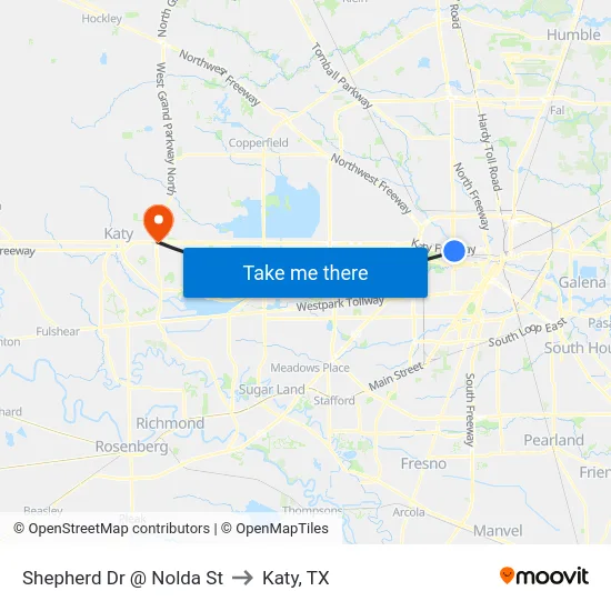 Shepherd Dr @ Nolda St to Katy, TX map