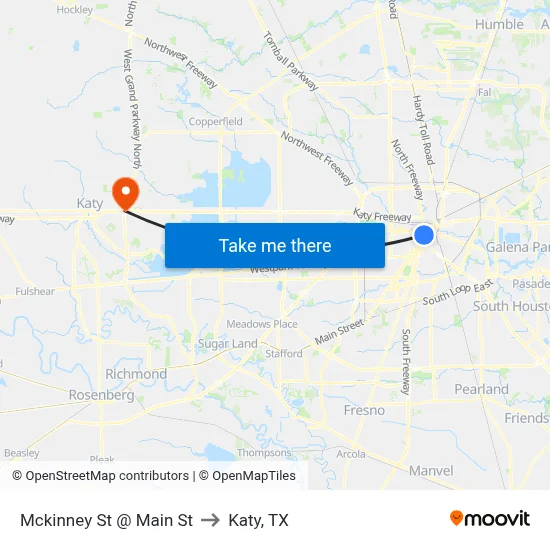 Mckinney St @ Main St to Katy, TX map