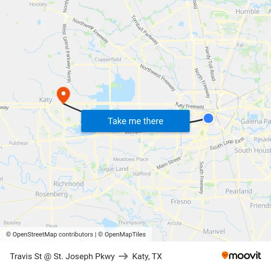 Travis St @ St. Joseph Pkwy to Katy, TX map