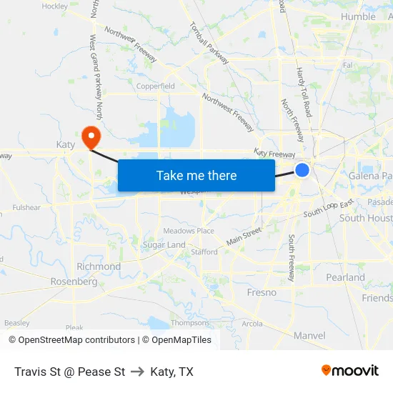 Travis St @ Pease St to Katy, TX map