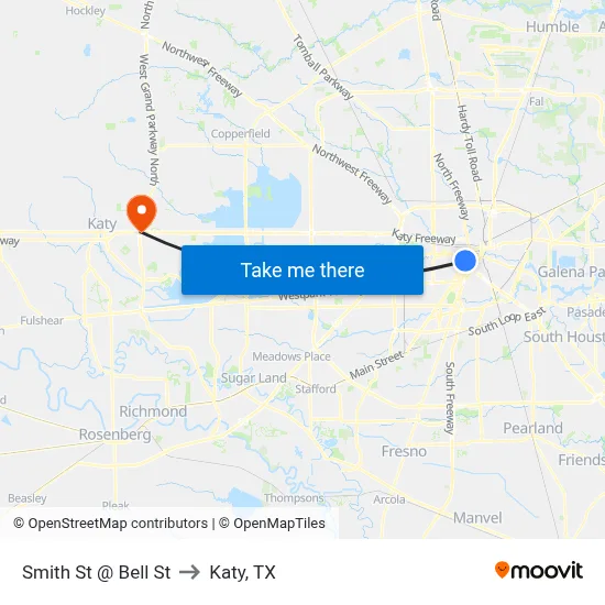 Smith St @ Bell St to Katy, TX map