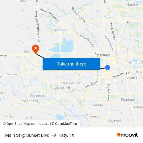 Main St @ Sunset Blvd to Katy, TX map