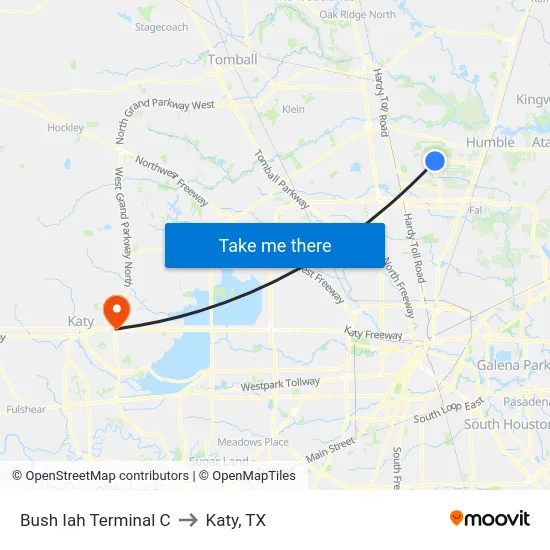 Bush Iah Terminal C to Katy, TX map