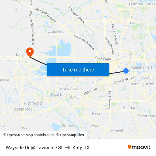 Wayside Dr @ Lawndale St to Katy, TX map