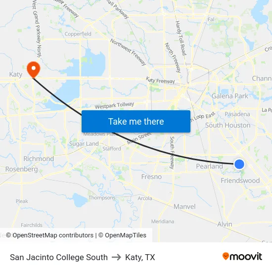 San Jacinto College South to Katy, TX map
