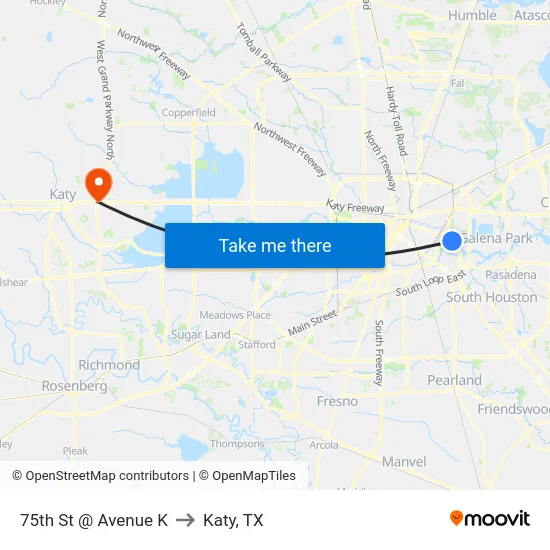 75th St @ Avenue K to Katy, TX map