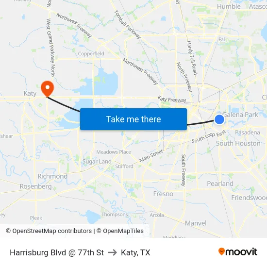 Harrisburg Blvd @ 77th St to Katy, TX map