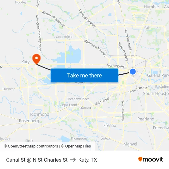 Canal St @ N St Charles St to Katy, TX map
