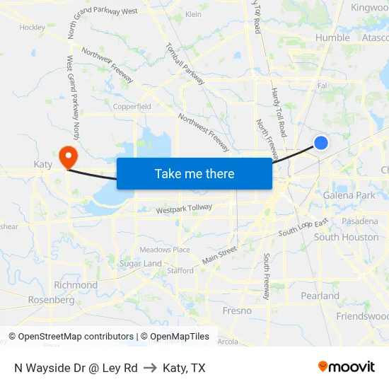 N Wayside Dr @ Ley Rd to Katy, TX map
