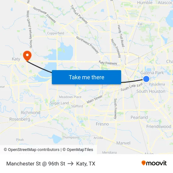 Manchester St @ 96th St to Katy, TX map