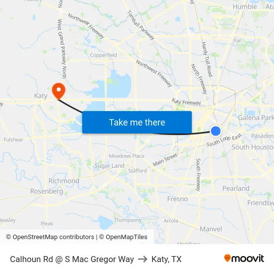Calhoun Rd @ S Mac Gregor Way to Katy, TX map