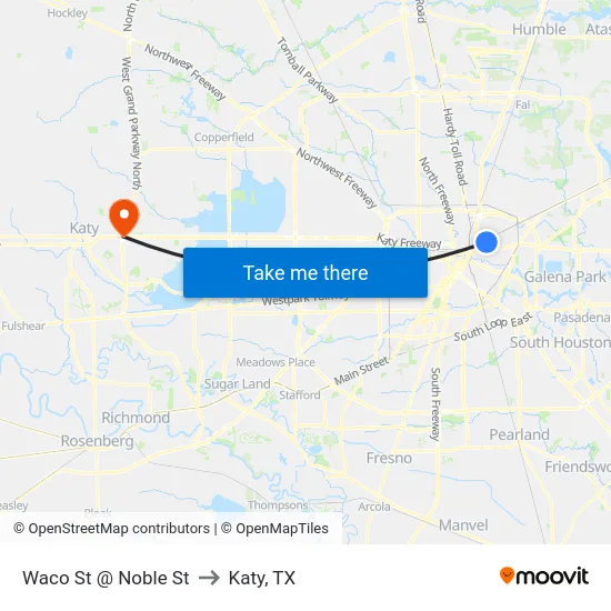 Waco St @ Noble St to Katy, TX map
