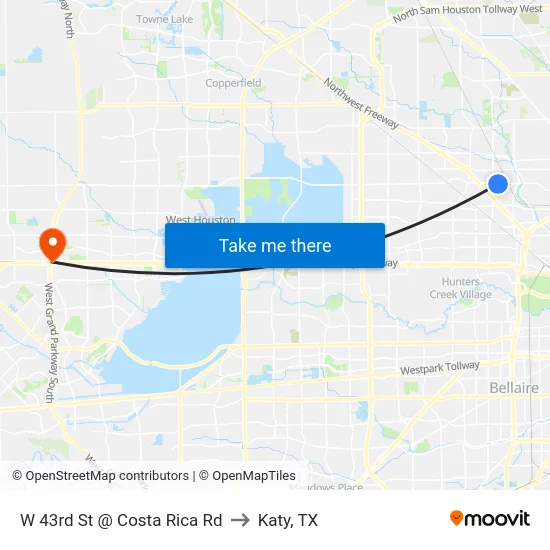 W 43rd St @ Costa Rica Rd to Katy, TX map