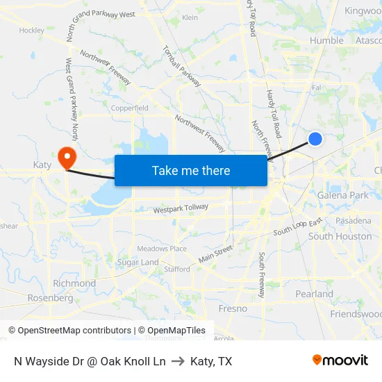 N Wayside Dr @ Oak Knoll Ln to Katy, TX map
