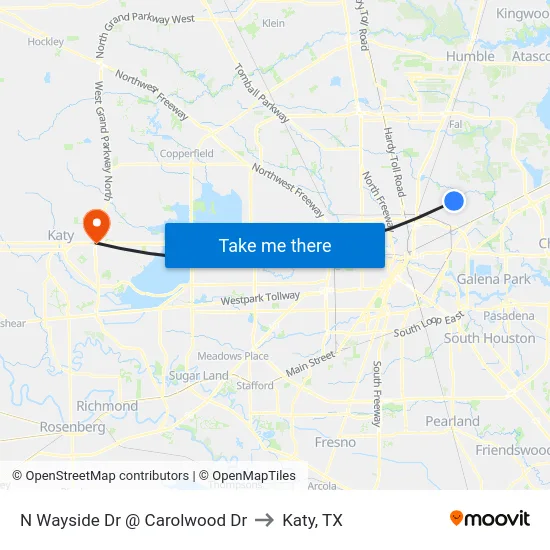 N Wayside Dr @ Carolwood Dr to Katy, TX map
