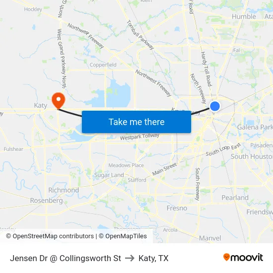 Jensen Dr @ Collingsworth St to Katy, TX map