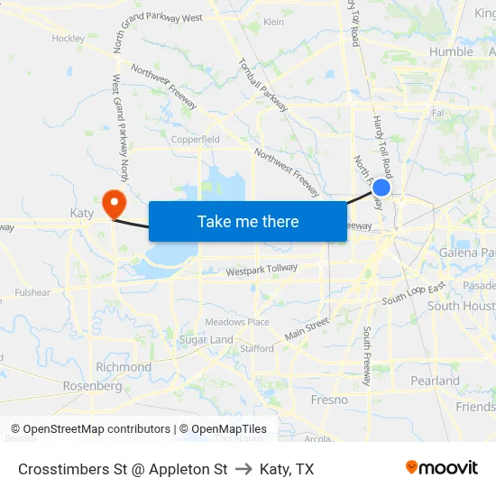 Crosstimbers St @ Appleton St to Katy, TX map