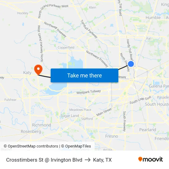 Crosstimbers St @ Irvington Blvd to Katy, TX map