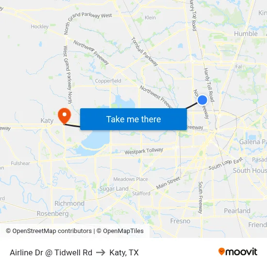Airline Dr @ Tidwell Rd to Katy, TX map