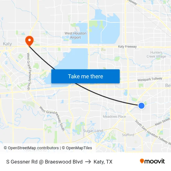 S Gessner Rd @ Braeswood Blvd to Katy, TX map