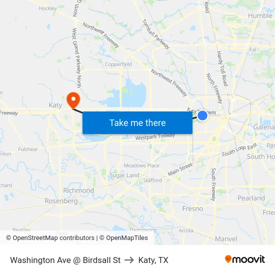 Washington Ave @ Birdsall St to Katy, TX map