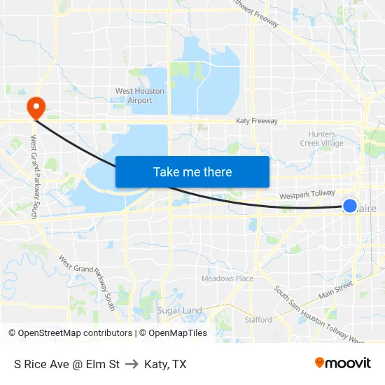 S Rice Ave @ Elm St to Katy, TX map
